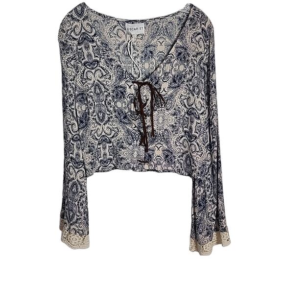 Oscar St Bohemian Style Corset Front Top, Lace Trimmed Sleeves, NWT, Large - Picture 1 of 9